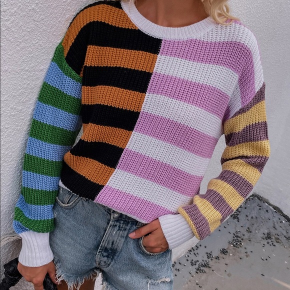 Spliced Mixed Stripes Scoop Neck Sweater - Picture 5 of 7